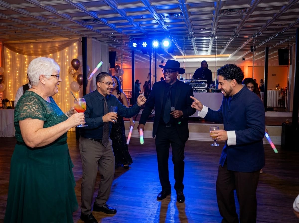 Group of five adults dancing and toasting with drinks at an indoor party, DJ booth in the background with colorful lights.