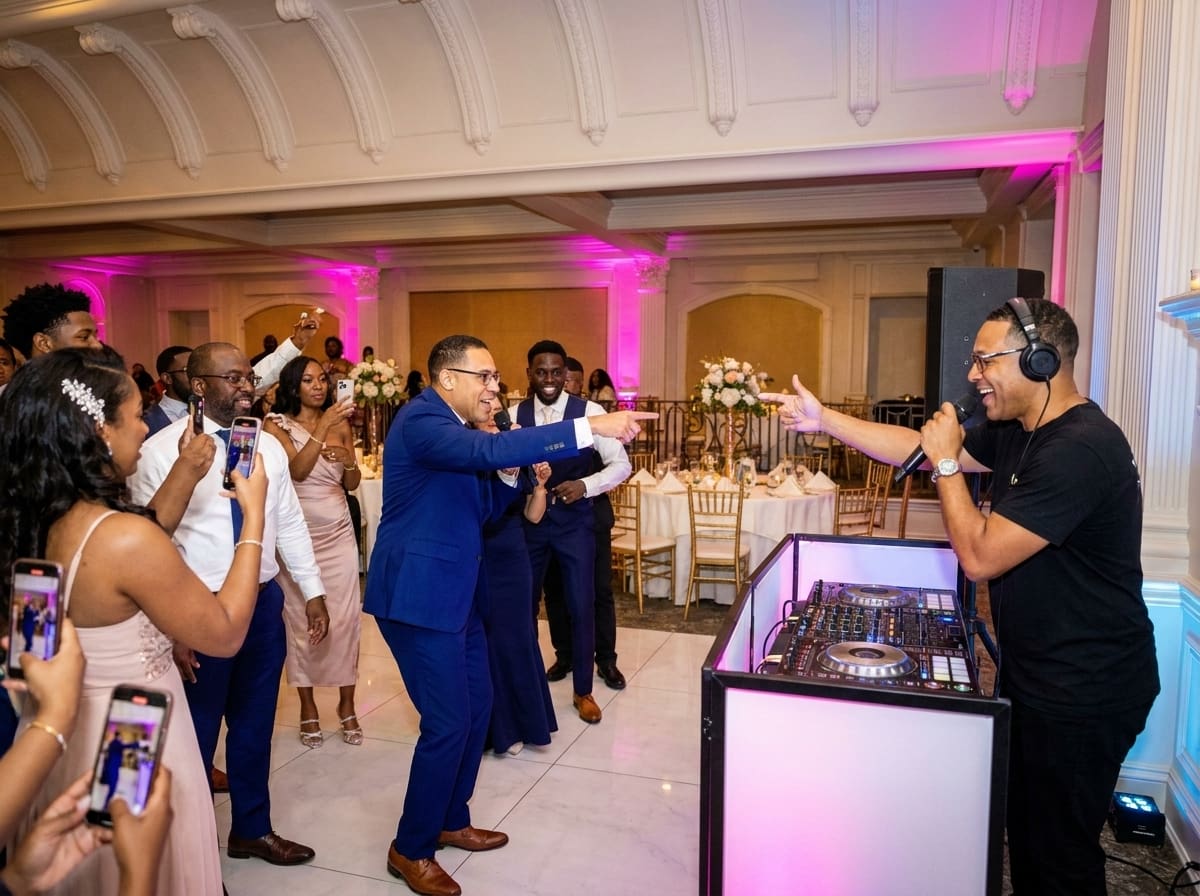 A man in a blue suit sings into a mic while pointing at a DJ wearing headphones at a wedding reception dance floor, guests cheer and take photos.