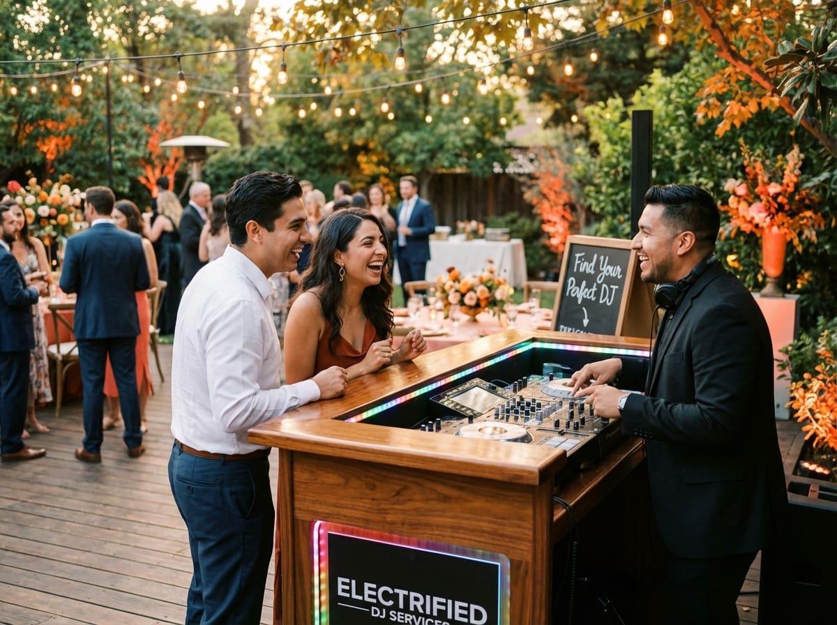 Couple laughing with a DJ at an outdoor garden party, standing at a wooden booth under string lights.",