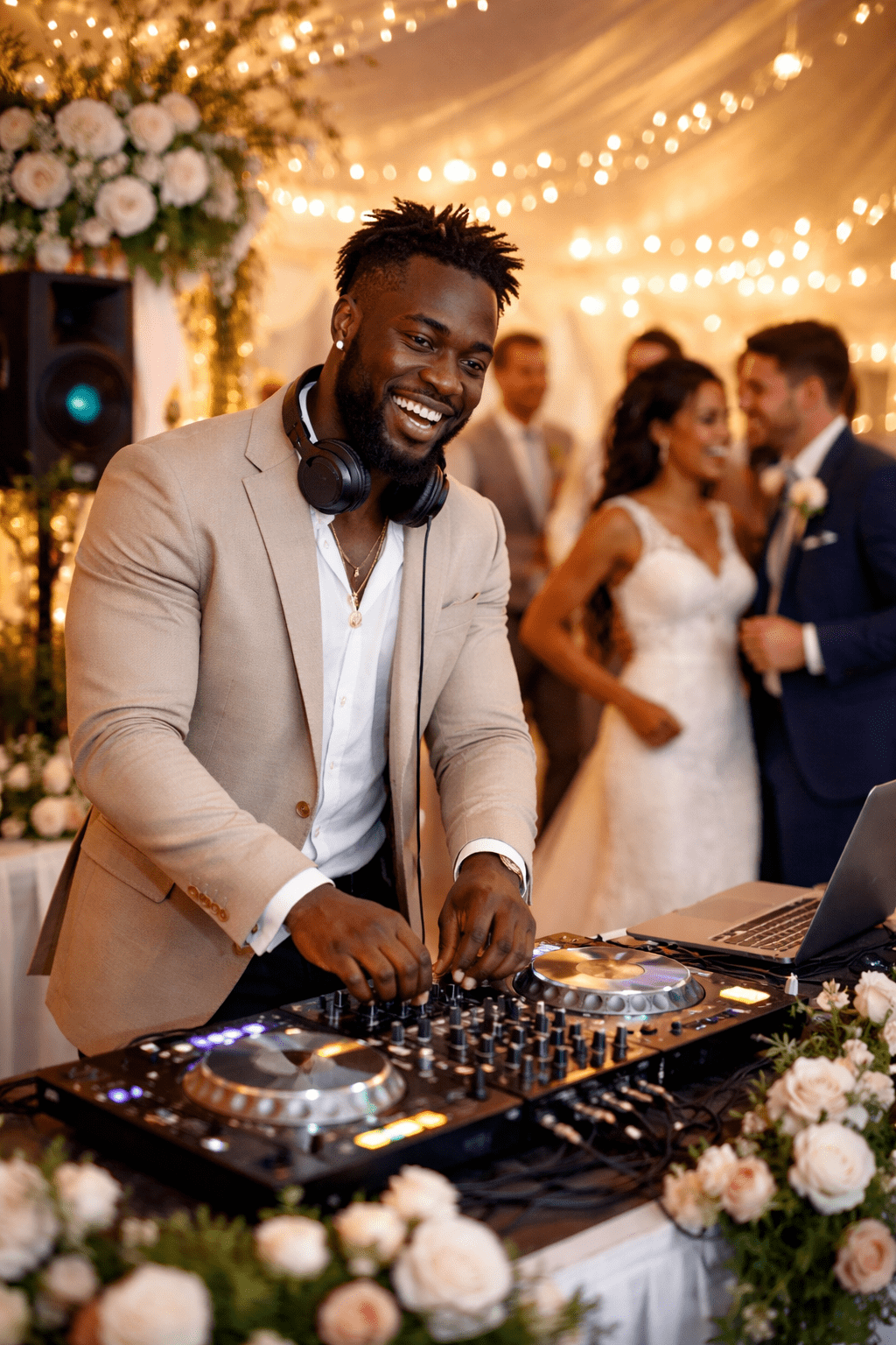 DJ in a beige suit mixes tracks at a wedding reception, with the bride and groom chatting in the warmly lit background.