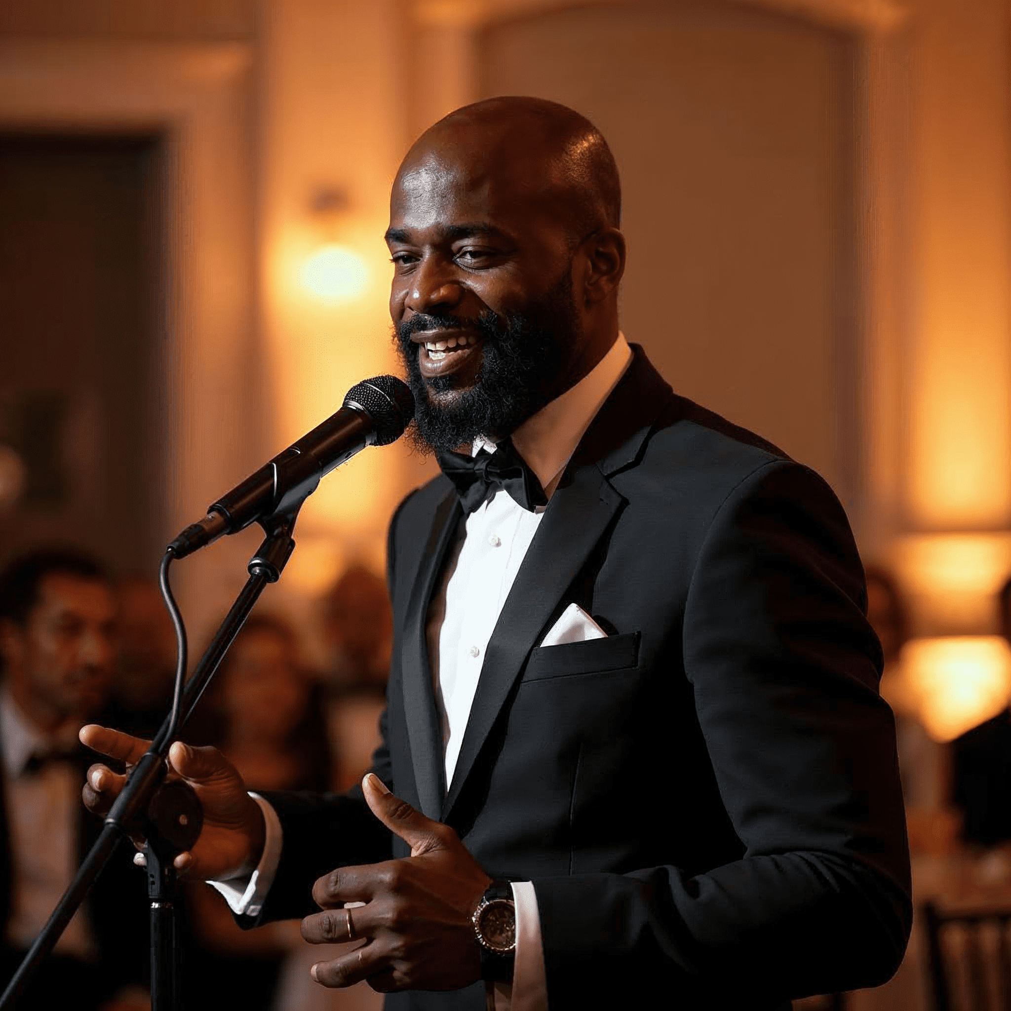 Male singer in a black tuxedo singing into a microphone on stage with warm background lighting