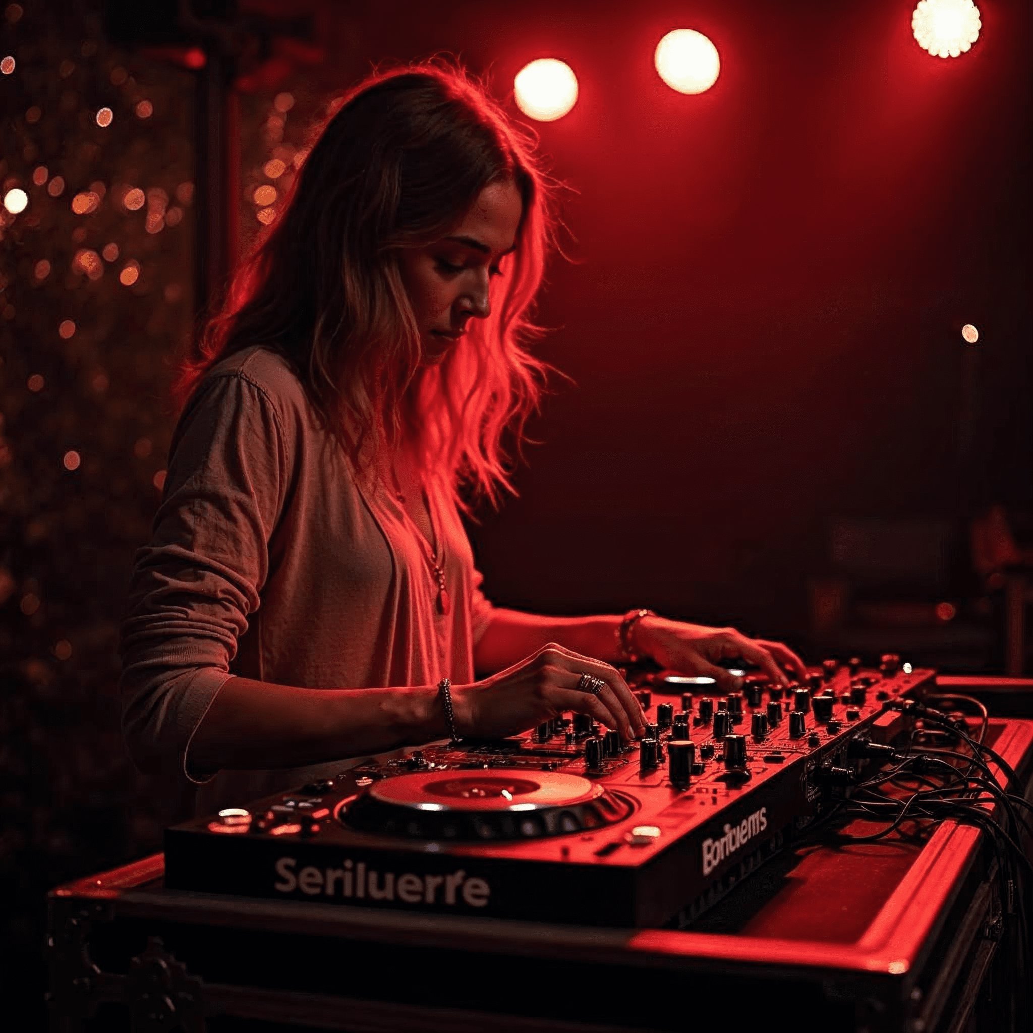 DJ mixing on a Pioneer mixer with vinyl turntables, bathed in red stage lighting.