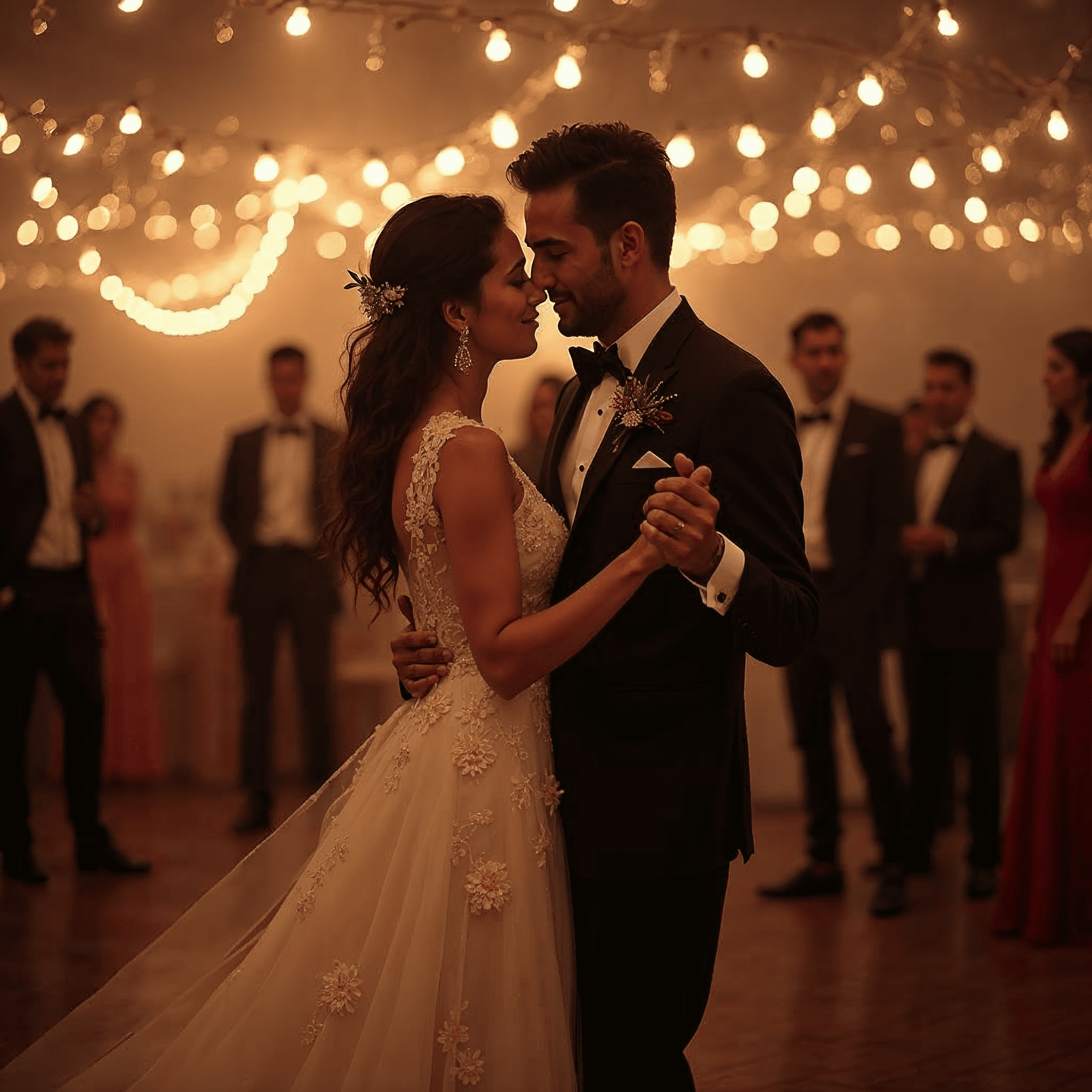 Couple in wedding attire sharing a dance under warm string lights at a reception, their faces close together.