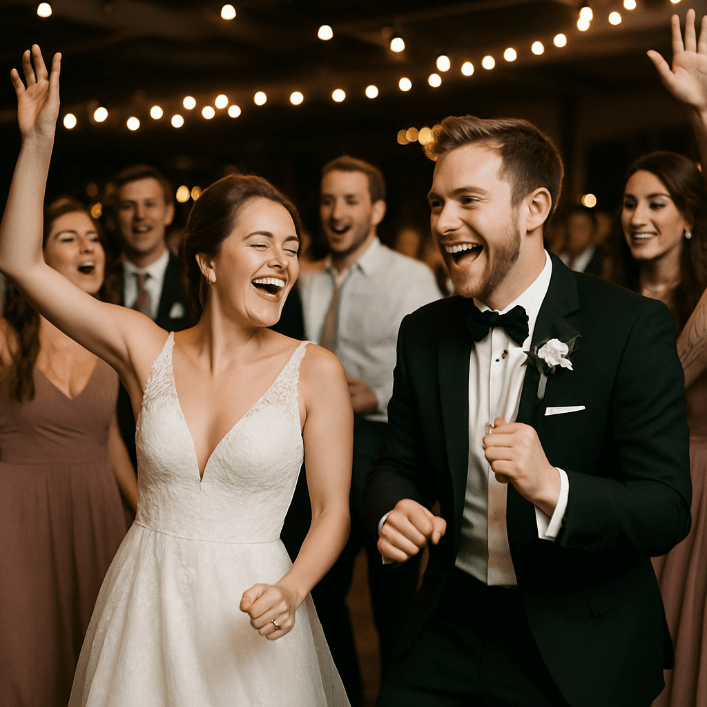 Bride in a white gown and groom in a tuxedo celebrate and dance with friends under string lights.