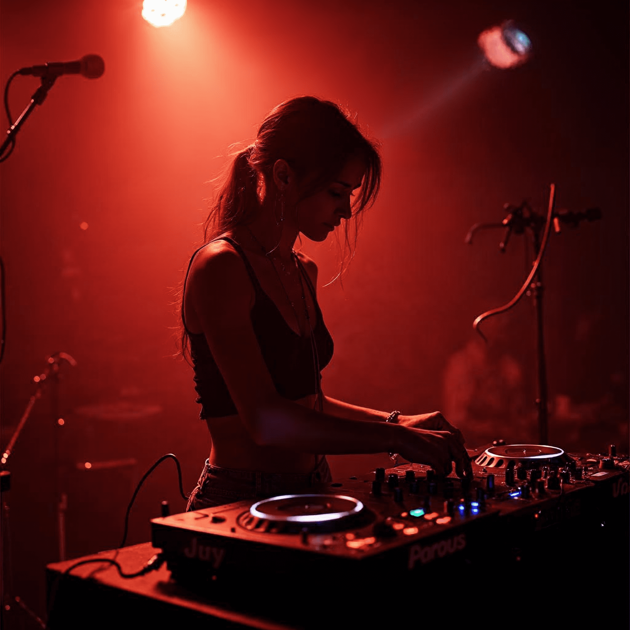 Female DJ performing behind a mixing console under intense red stage lighting in a club setting.