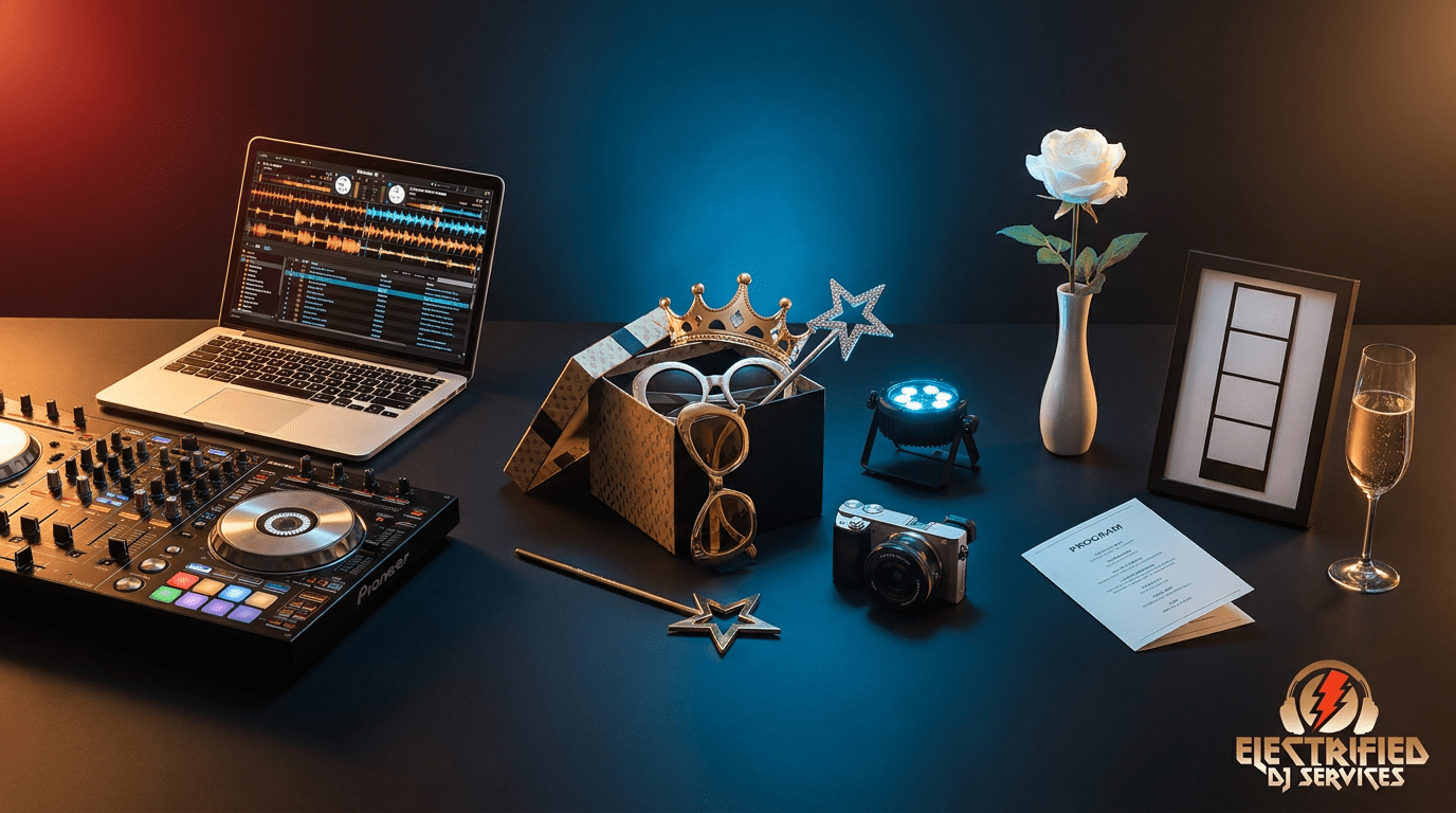 DJ workstation on a dark table: laptop, mixer, crown and star props, sunglasses, camera, flower vase, champagne glass, and a logo.