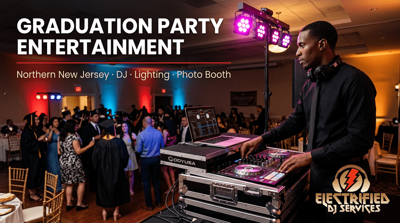 DJ wearing headphones mixes music at a graduation party; crowd dancing in a warmly lit venue, with a bold 'GRADUATION PARTY ENTERTAINMENT' banner text at top and 'ELECTRIFIED DJ SERVICES' logo in the corner.