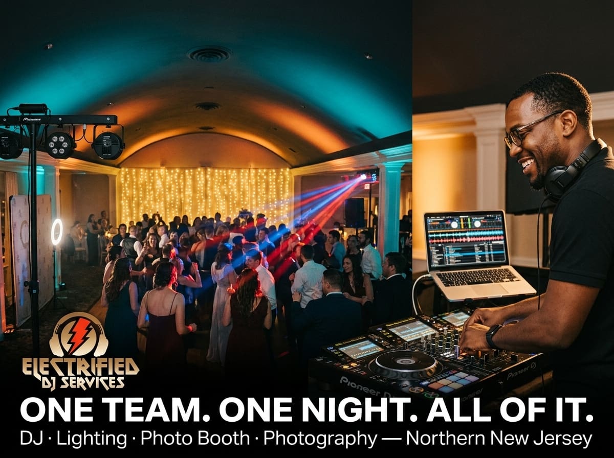 DJ with headphones at a crowded dance party, mixing on a professional DJ controller and laptop while colorful lights sweep the room; banner reads 'ONE TEAM. ONE NIGHT. ALL OF IT.'