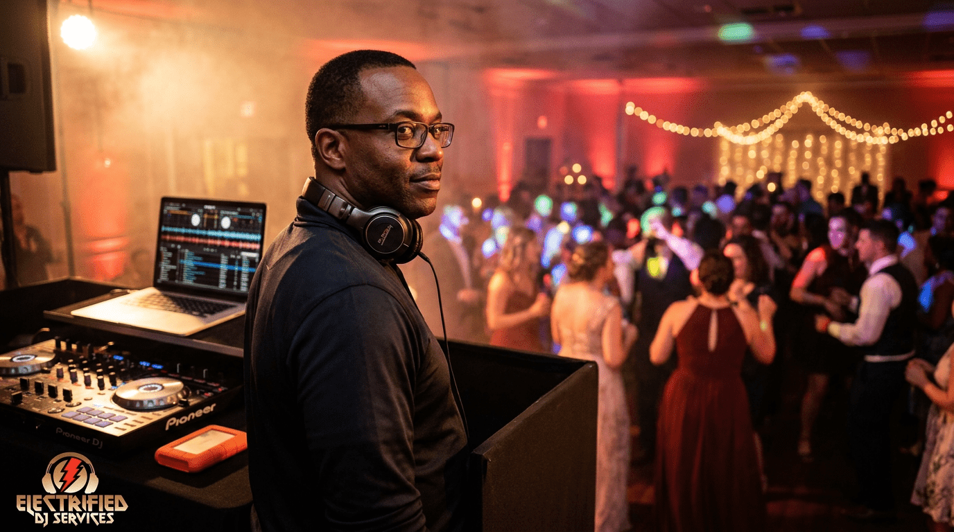 DJ with headphones at a mixing console and laptop, crowd dancing under string lights at a party venue.