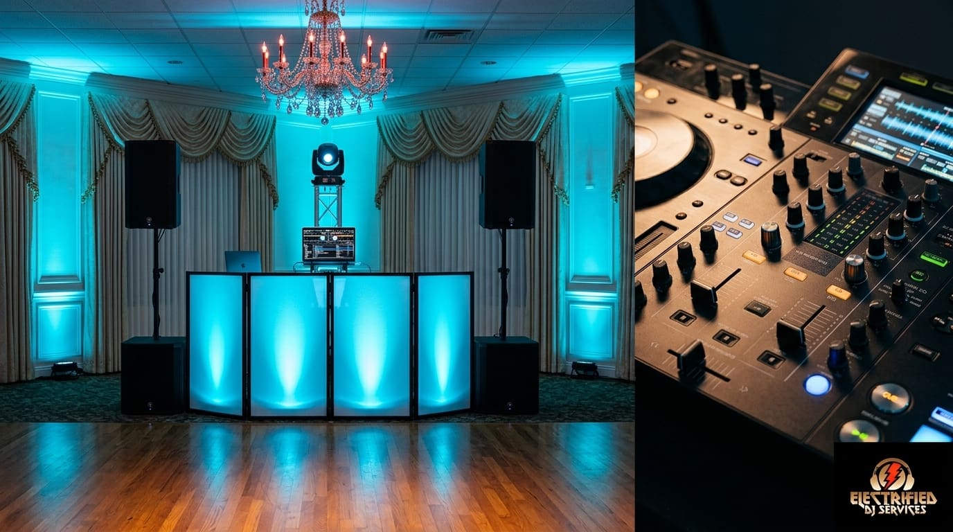 DJ booth in a ballroom with glowing blue panels, chandelier, and large speakers; a mixing console is visible on the right side of the image.