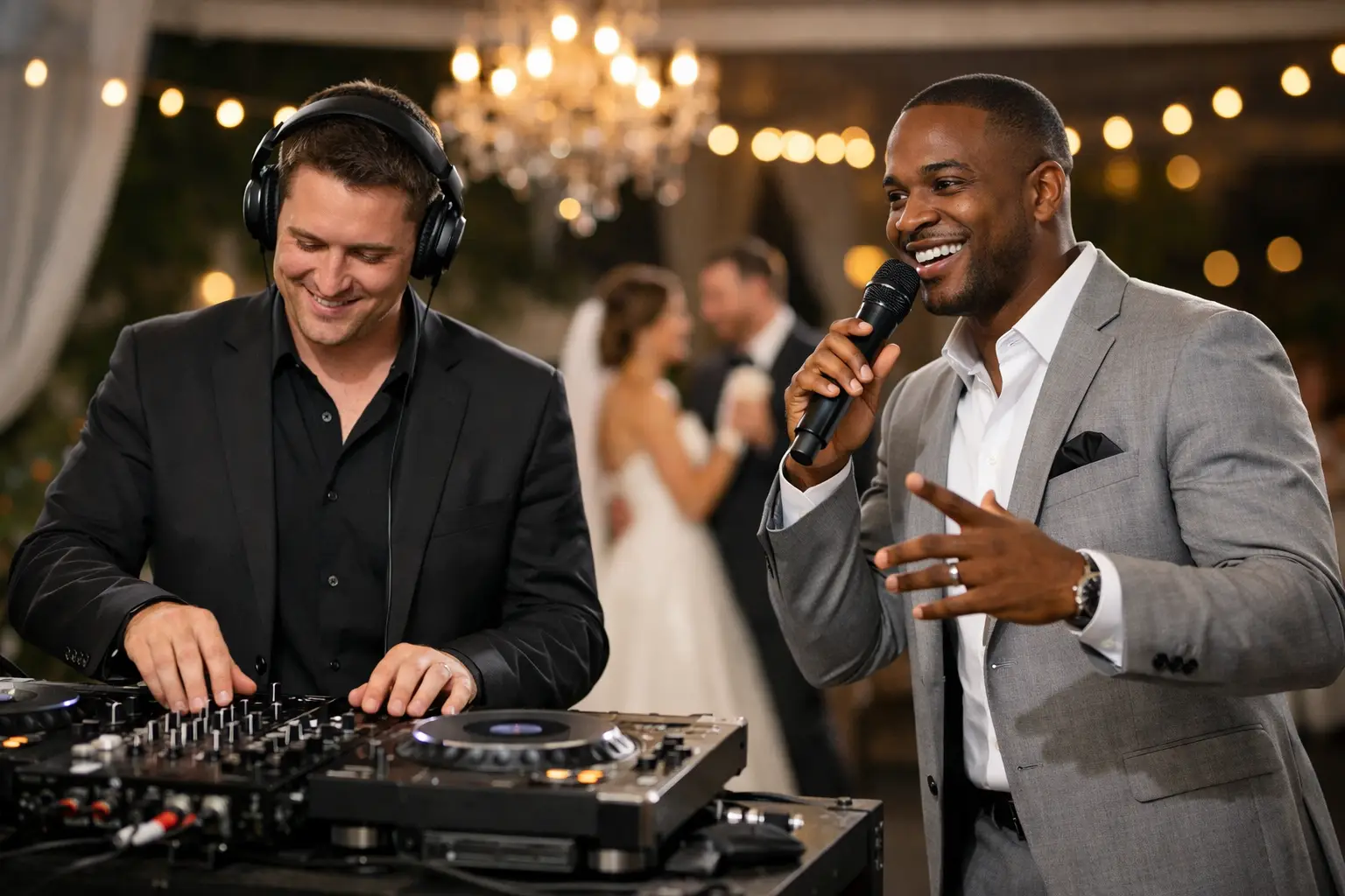 DJ in a black suit wearing headphones, mixing on turntables at a wedding reception with a smiling singer beside him in a gray suit holding a microphone.