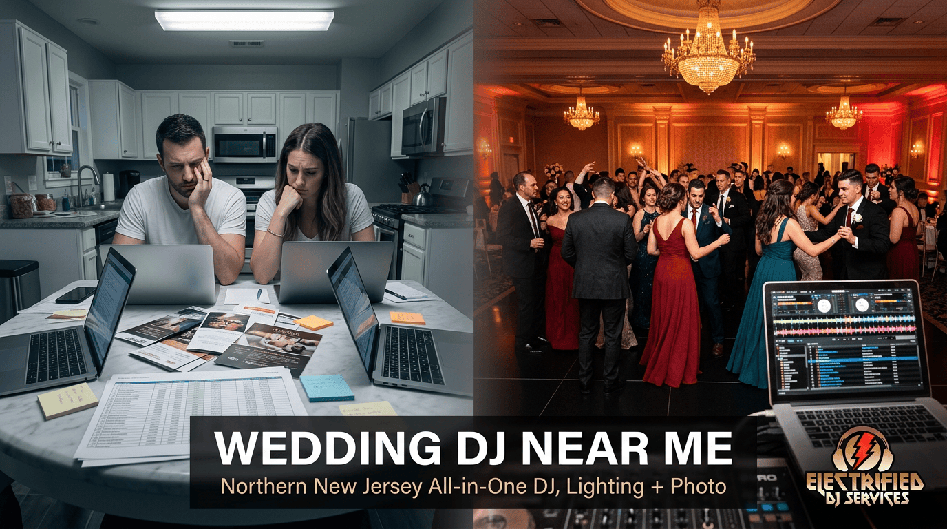 Split image: stressed couple planning with laptops in a kitchen on the left, wedding reception with a DJ and guests on the right.