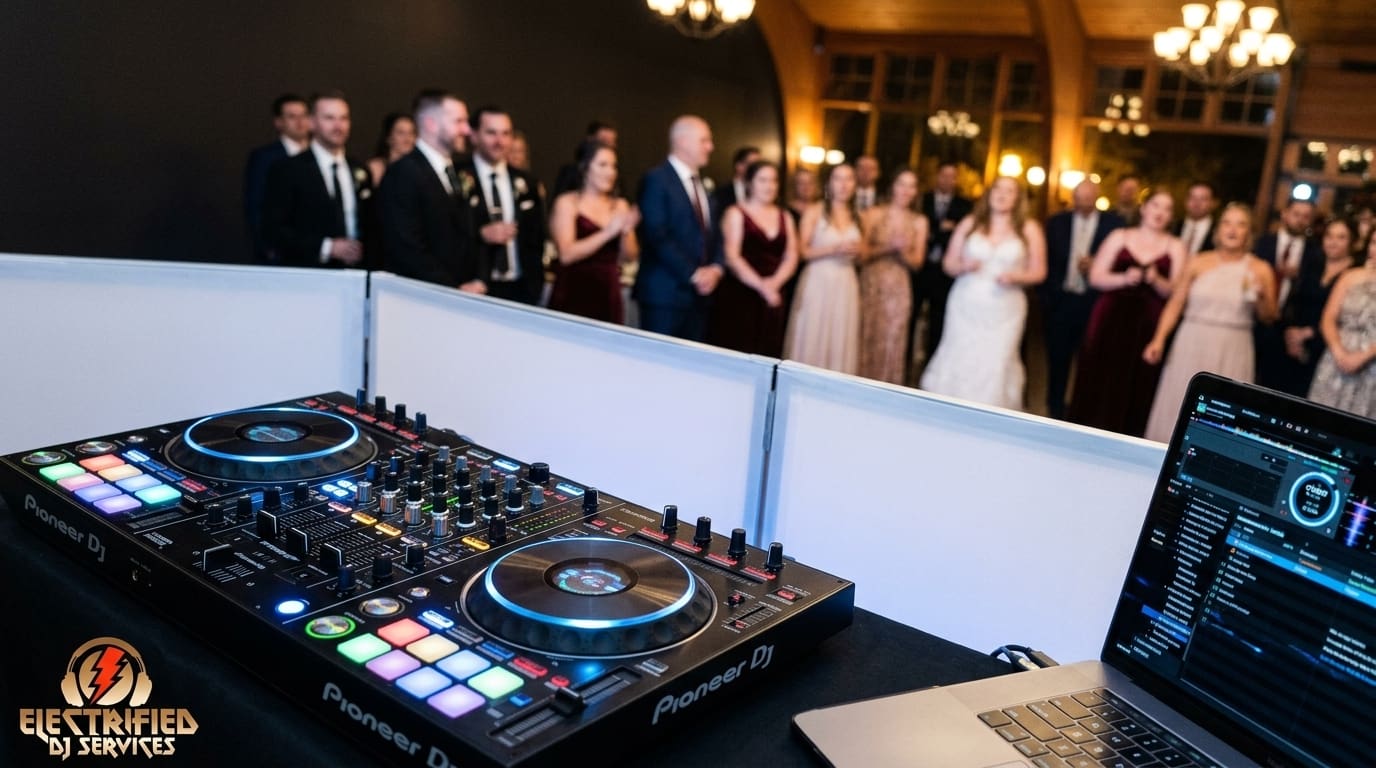 DJ booth with Pioneer CDJs and a laptop at a formal party, guests in gowns and suits in the background