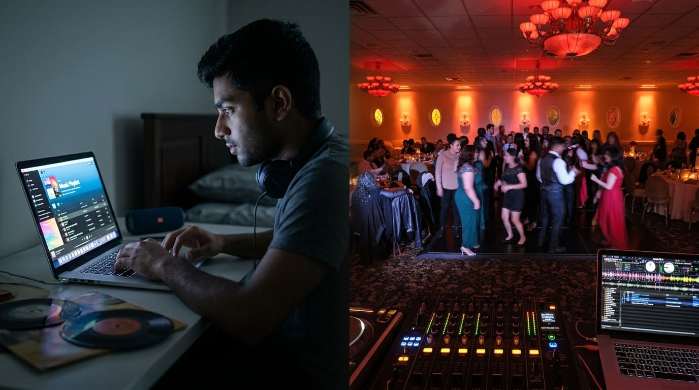 Split-image: a man DJing on a laptop at left and a crowded ballroom with a DJ console on the right, both scenes centered on music and dancing.