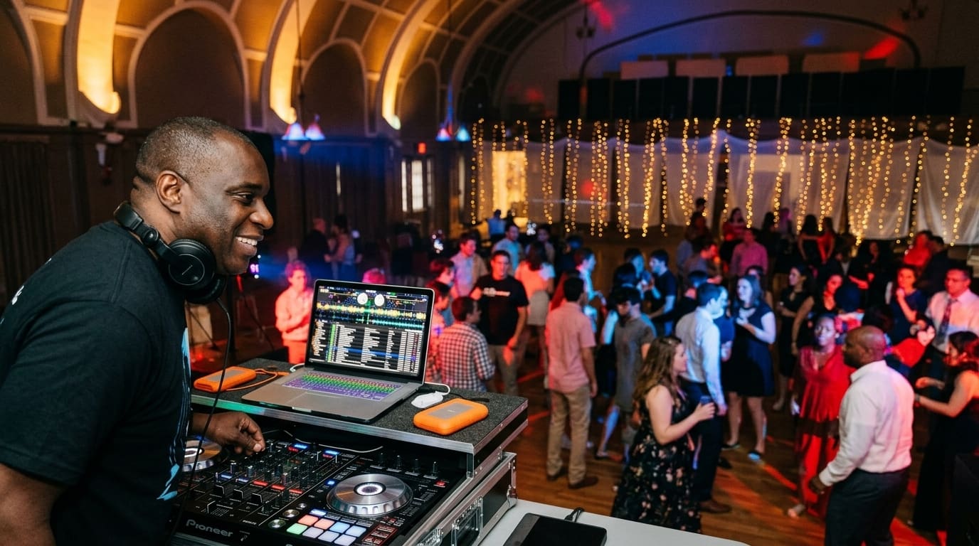 DJ with headphones at a mixer and laptop, spinning music for a crowded indoor party with string lights above.