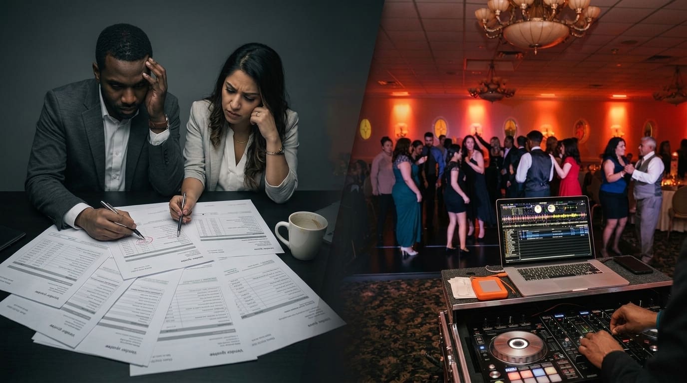 Left: two stressed professionals review documents at a desk; right: a crowded party with a DJ and dancing.