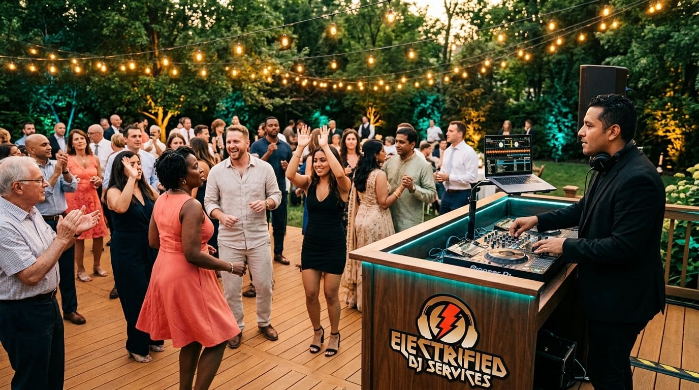 Group of guests dancing and mingling on a wooden deck at an outdoor party under string lights with a DJ booth nearby.