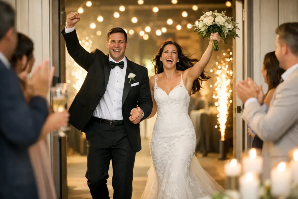 Os noivos comemoram ao saírem do local do evento, levantando os braços de alegria enquanto os convidados aplaudem; as luzes da festa de casamento brilham ao fundo.