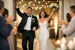 Os noivos comemoram ao saírem do local do evento, levantando os braços de alegria enquanto os convidados aplaudem; as luzes da festa de casamento brilham ao fundo.