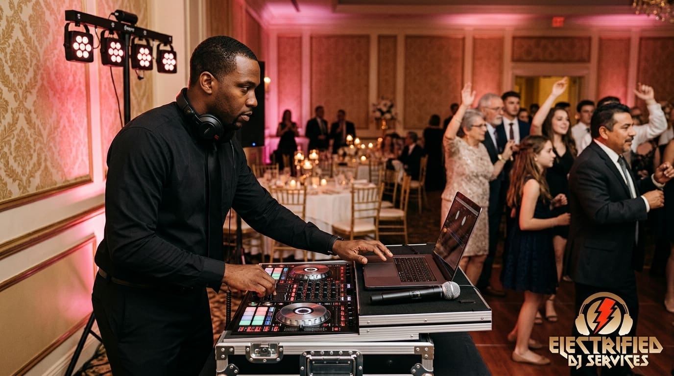 DJ in black with headphones operating a mixing console and laptop at a formal event hall with guests dancing in the background