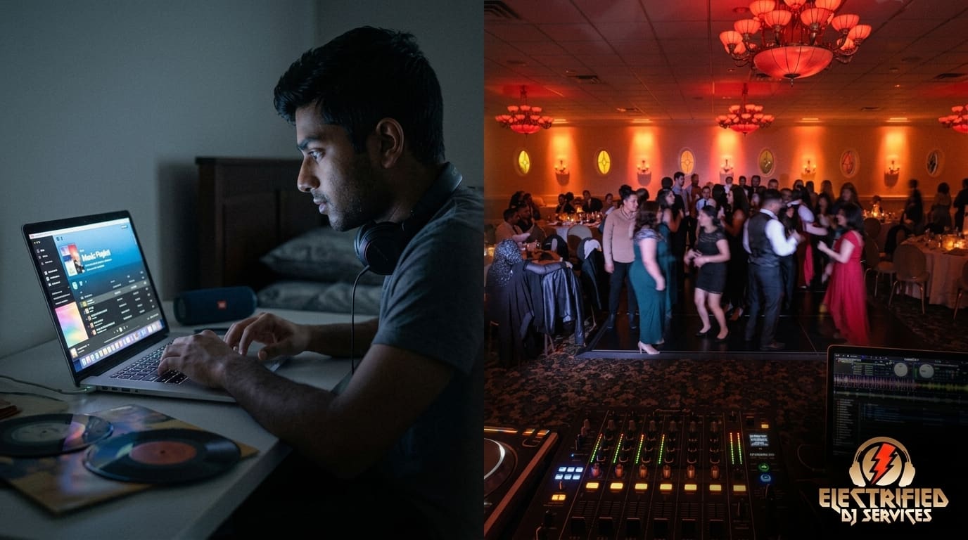 Split view: left shows a DJ at a laptop with headphones; right shows a crowded ballroom with a large mixer on a stage and the Electrified DJ Services logo.