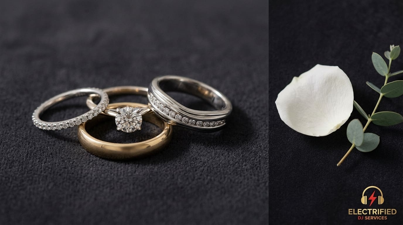 Close-up of diamond engagement ring with halo and two wedding bands on a dark fabric, with a white petal on the right and a small logo in the bottom corner.