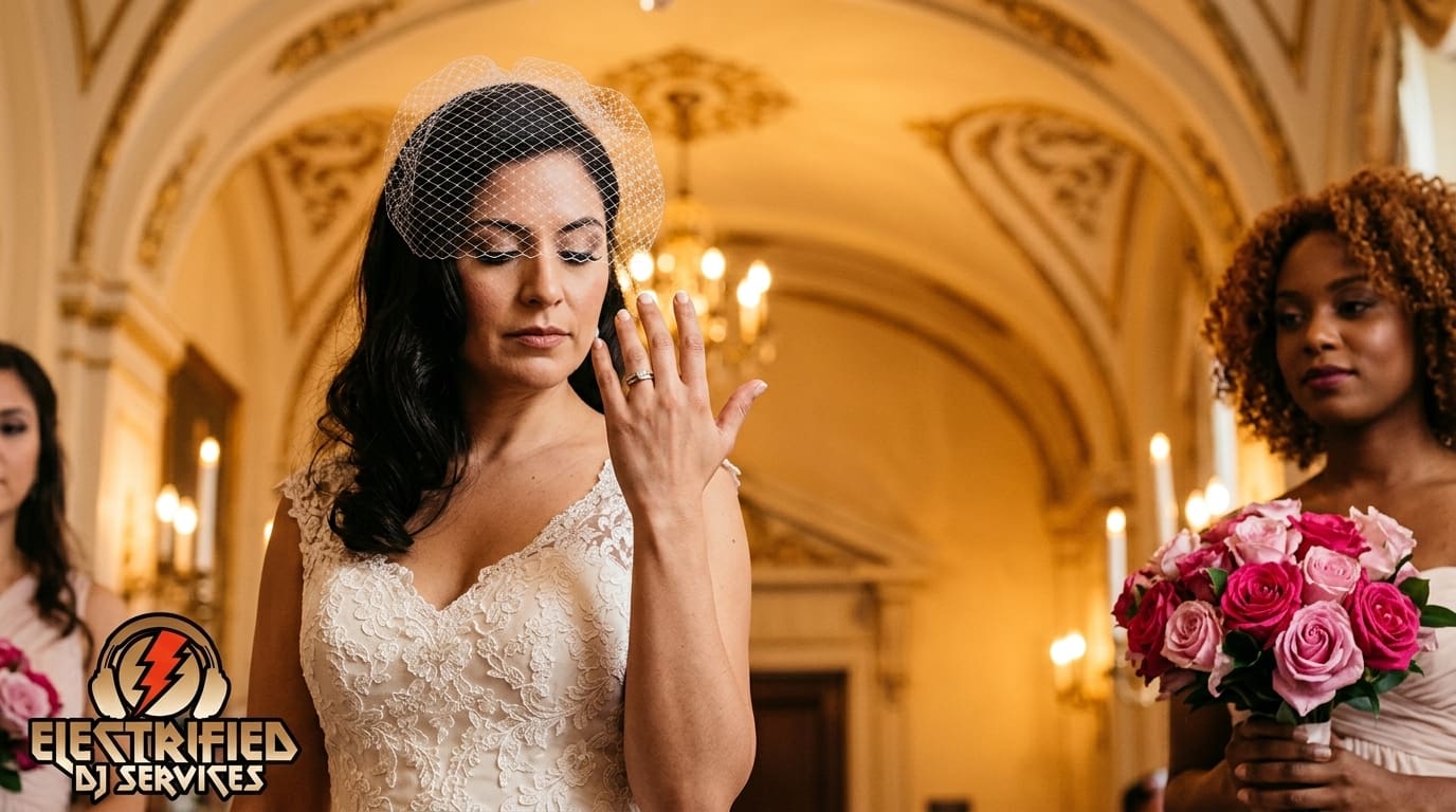 Bride in a lace wedding dress shows her ring while a bridesmaid holds a pink bouquet in a grand, candlelit hallway; logo for Electrified DJ Services appears in corner.