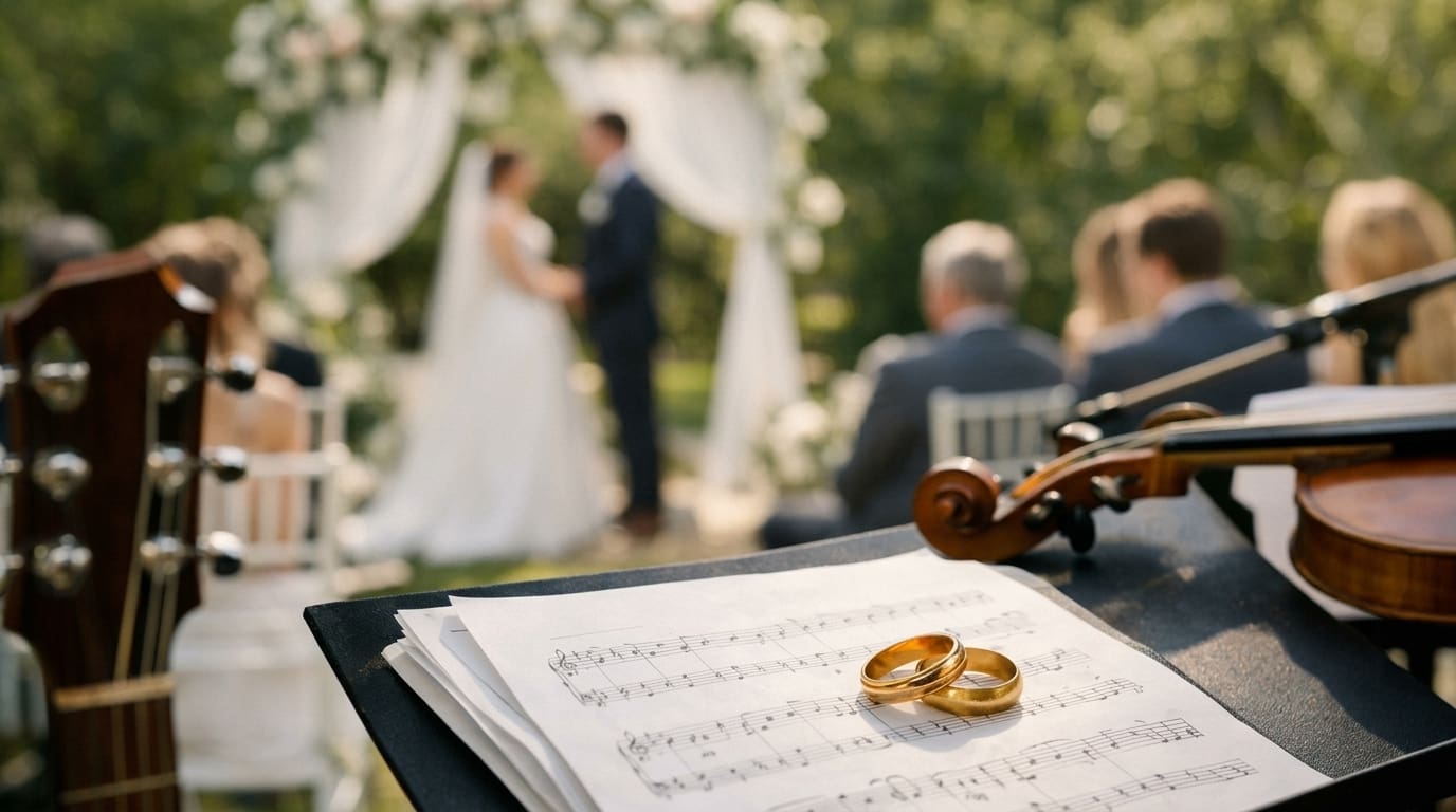 Gold wedding rings resting on sheet music with a violin nearby, as an outdoor wedding ceremony unfolds in the blurred background.