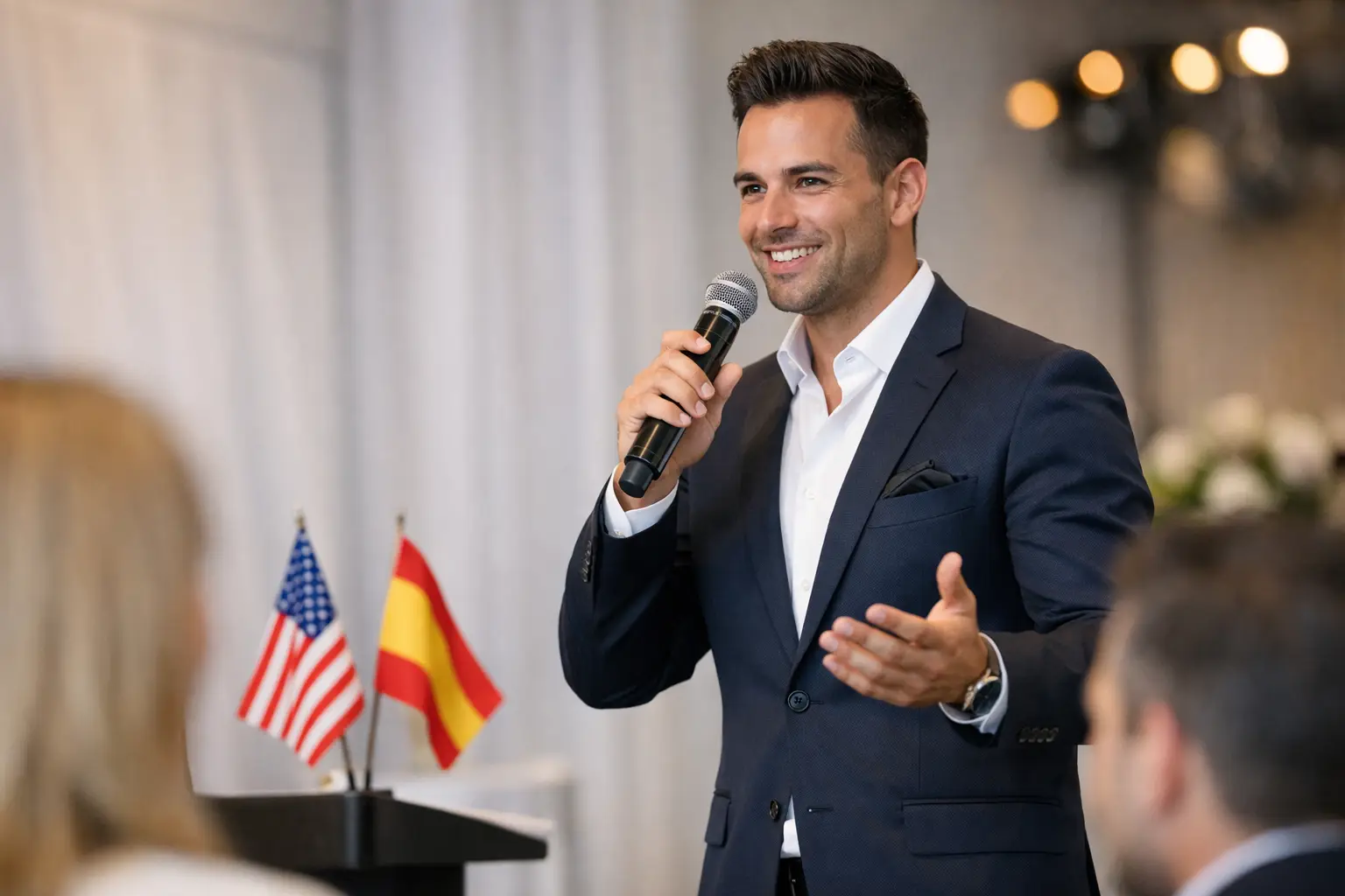 Man in a dark suit speaks into a handheld microphone at a podium, with American and Spanish flags visible in the background.