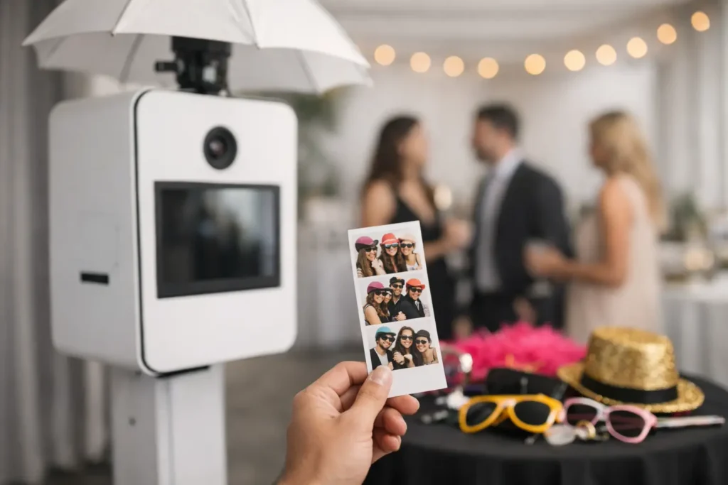 Person holding a strip of photo booth pictures showing friends in sunglasses and hats at a party, with props on a table and blurred guests in the background